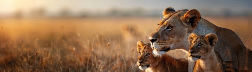 Obraz premium Majestic Lioness with Adorable Cubs in Golden Savanna at Sunset