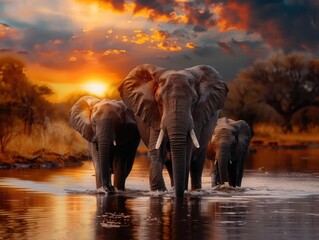 Fototapeta premium Majestic Elephants Walking Through Water at Sunset in African Savannah