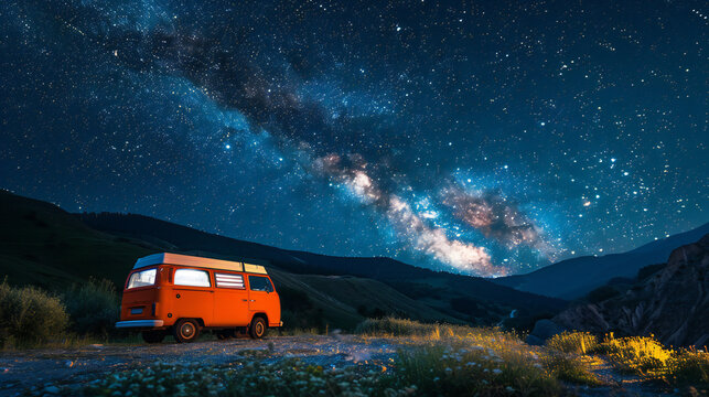 camping van parked in a beautiful natural setting, campfire clear night sky