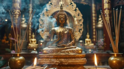 Obraz premium Peaceful Thai style golden buddha statue seated in a meditative pose calm peace and serene in nature environment with candle and incense sticks for relax meditation image.