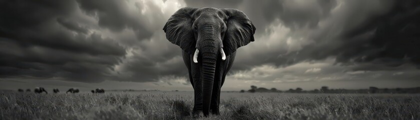 Fototapeta premium Majestic Elephant in Dramatic Black and White Landscape with Stormy Sky