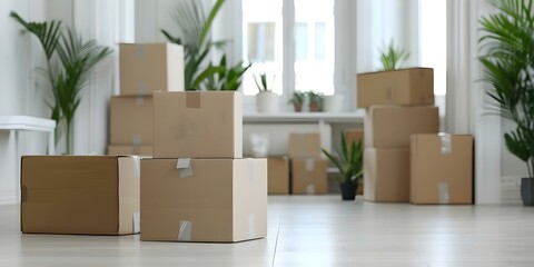 Living Room Filled with Moving Boxes and Plants During Relocation. Concept Moving Day, New Beginnings, Packing Essentials, Houseplant Care