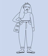 Hand drawn cute vector of a woman with line art illustration Isolated on sky background