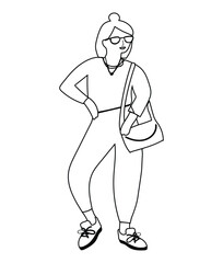 Cute vector hand drawn doodle of a woman with line art illustration Isolated on white background