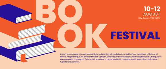 Book fair or festival horizontal banner with a stack of books flat illustration. Background for school education, library or bookstore sale design concept.