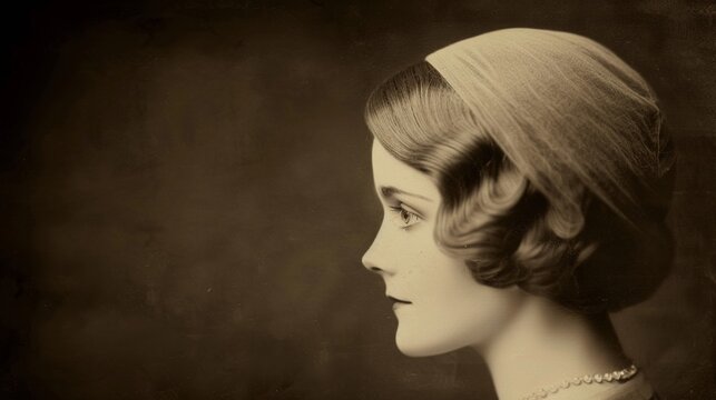 Vintage-style portrait of a woman in 1920s flapper dress, sepia tones, traditional setting, historic ambiance, rich textures