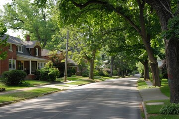 Obraz premium Street Neighborhood. Beautiful Residential Area with Tree-Lined Street in Kansas City