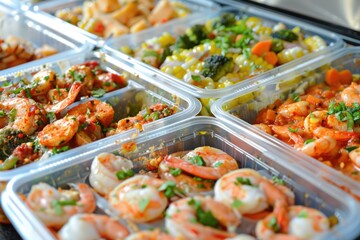 Obraz premium To-Go Food. Closed Clamshell Containers with a Variety of Entrees for Delivery Orders