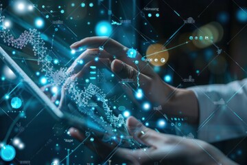 A person is using a tablet to draw a complex pattern of lines and dots