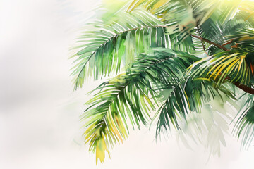 Fototapeta premium Watercolor painting showcasing vibrant green palm fronds, capturing the essence of tropical beauty