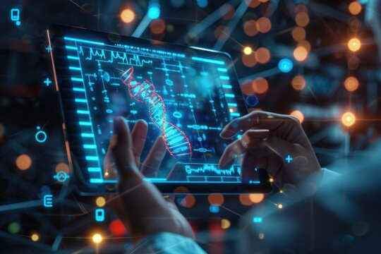 A person is using a tablet to look at a DNA sequence