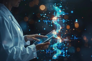 A woman is holding a tablet and looking at a DNA strand