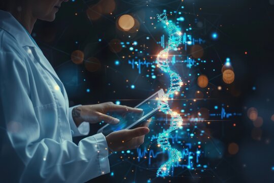 A woman is holding a tablet and looking at a DNA strand