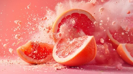 Grapefruit slices with pink powder on a fuzzy pink background