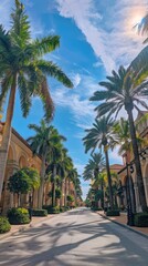 Fototapeta premium Palm trees line a street with buildings in the background on a sunny day
