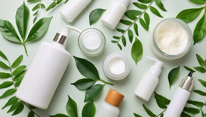 Cosmetic set of blank label bottles for packaging mockups of cream, serum, conditioner, perfume on green background with green leaves