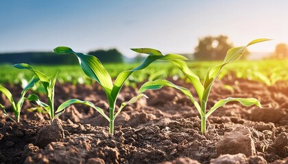 Seeding corn in field of organic farm on sunny background, little corn seed for planting the plants in soil or dirt ground, maize plantation in countryside or rural, beautiful growing plant background