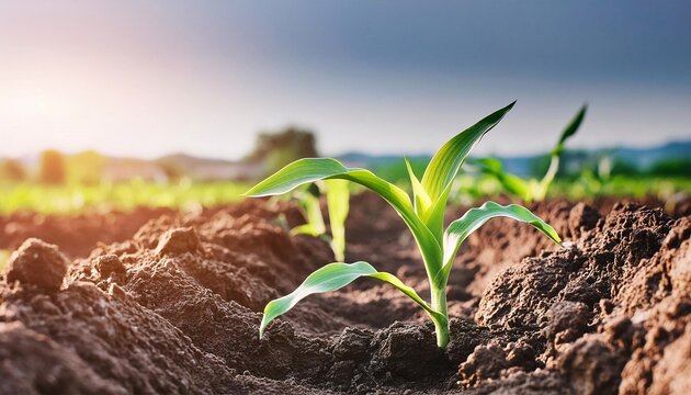 Seeding corn in field of organic farm on sunny background, little corn seed for planting the plants in soil or dirt ground, maize plantation in countryside or rural, beautiful growing plant background