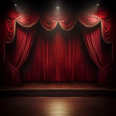 Fototapeta premium Red curtains on wooden stage. Premiere and award presentation. Show and cinema performance.
