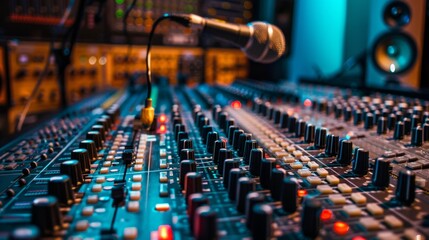 Fototapeta premium Professional audio mixing console in a studio