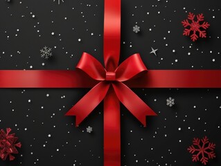 Red Ribbon on Black Background with Snowflakes