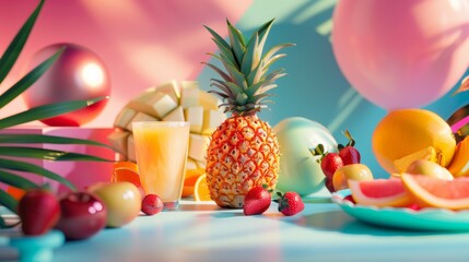 Colorful tropical fruit arrangement with juice