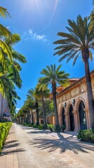 Fototapeta premium Palm trees line a street with beautiful homes on a sunny day