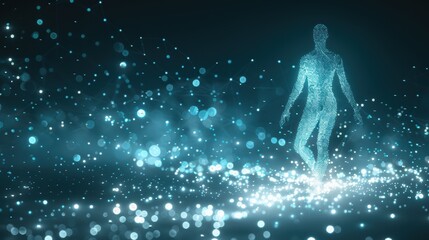 Obraz premium Abstract depiction of a human figure formed by blue digital particles, suggesting themes of technology, connection, and futuristic exploration.