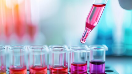 dropping pink liquid into test tubes in a laboratory setting.