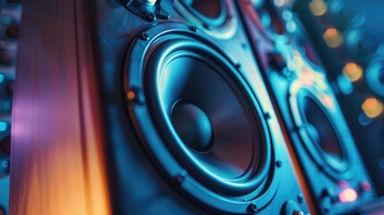 Multimedia acoustic sound music speaker with neon lighting background. Sound audio system with satellites and subwoofer. Musical home theater. Night club.