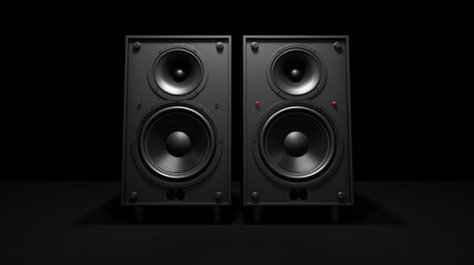 Obraz premium Multimedia acoustic sound music speakers with black lighting. Sound audio system with two satellites and subwoofer on dark black background. Musical home theater.