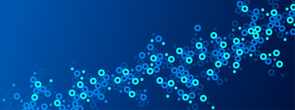 Neon blue abstract background of hollow dots. Mosaic texture of random particles. Chaotic ornament. Linear pattern. Design of banner, poster on website, frame for social networks. Vector illustration
