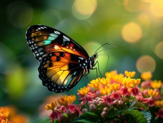 Obraz premium Vibrant Butterfly Resting on Colorful Flowers in a Sunlit Garden with Bokeh Background