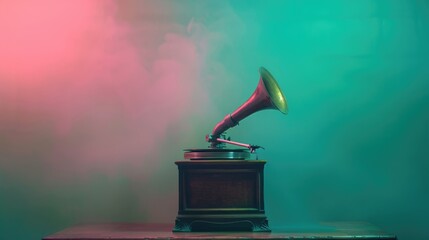 Old style vintage gramophone. Minimal retro 80's concept. Old-fashioned vinyl at neon pink and blue background. Antique store. 70s design. Music stereo.
