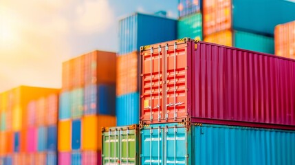 Fototapeta premium stacked cargo containers at sunset, vivid colors and industrial landscape.