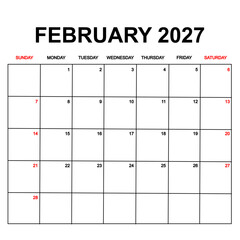 february 2027 with holydays or red dates. monthly calendar design with week starts on sunday. printable, simple, and clean vector design isolated on white background.