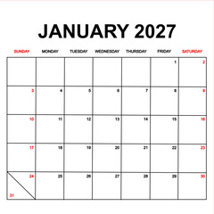 january 2027 with holydays or red dates. monthly calendar design with week starts on sunday. printable, simple, and clean vector design isolated on white background.