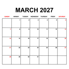 march 2027 with holydays or red dates. monthly calendar design with week starts on sunday. printable, simple, and clean vector design isolated on white background.