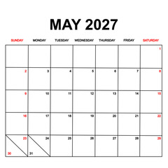 may 2027 with holydays or red dates. monthly calendar design with week starts on sunday. printable, simple, and clean vector design isolated on white background.
