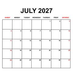 july 2027 with holydays or red dates. monthly calendar design with week starts on sunday. printable, simple, and clean vector design isolated on white background.