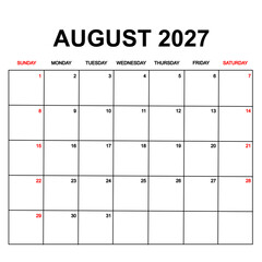 august 2027 with holydays or red dates. monthly calendar design with week starts on sunday. printable, simple, and clean vector design isolated on white background.