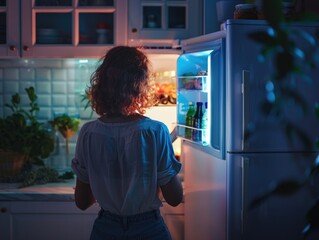 Woman at open fridge
