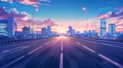 Fototapeta premium An asphalt road and a modern city depicted in anime style.