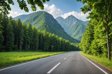 Fototapeta premium Asphalt road and green forest with mountain nature landscape