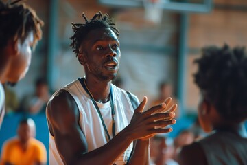 Coach giving instructions to players, Basketball, guidance and leadership