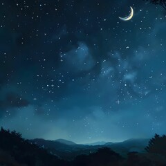Fototapeta premium Starry Night Sky with Moon and Mountains – Tranquil Nocturnal Landscape 