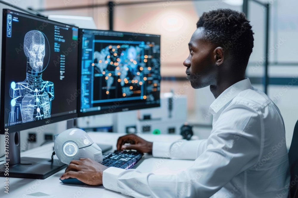 Poster engineer works with ai robot assistant at computer, coding and collaborating in a futuristic office.
