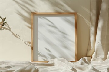 A blank white picture frame is placed on a canvas background