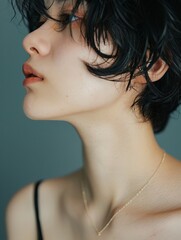 Fototapeta premium Close-up of neck area with collarbone, short hair, natural skin 