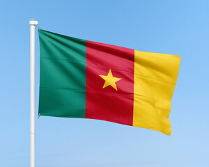 Cameroon flag on stick on sky background. Realistic flag illustration